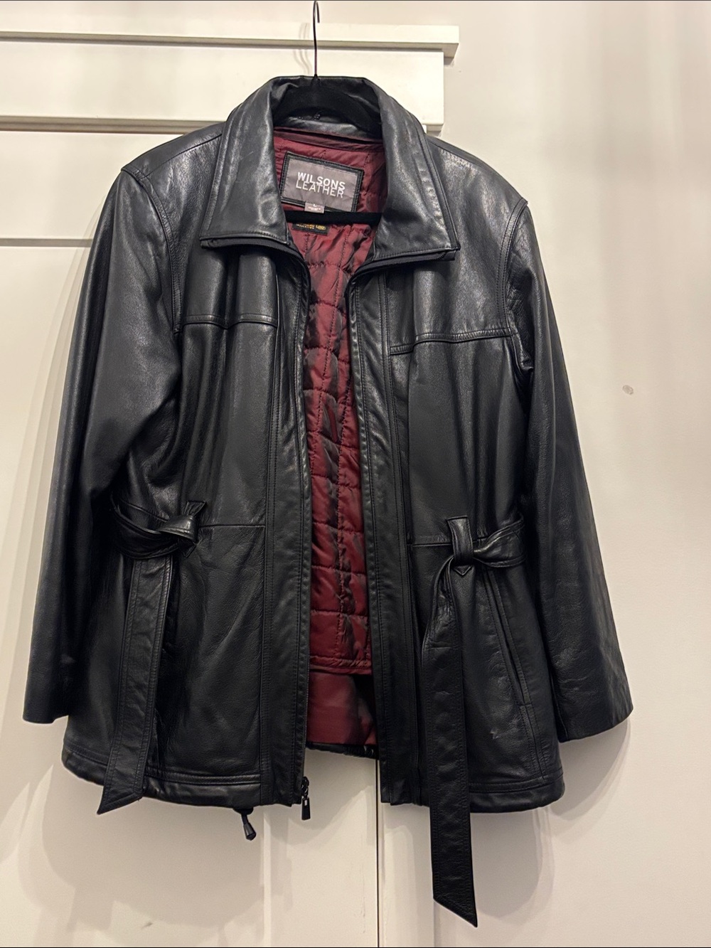 Wilsons Leather Black Leather Jacket with Burgundy Quilted Liner